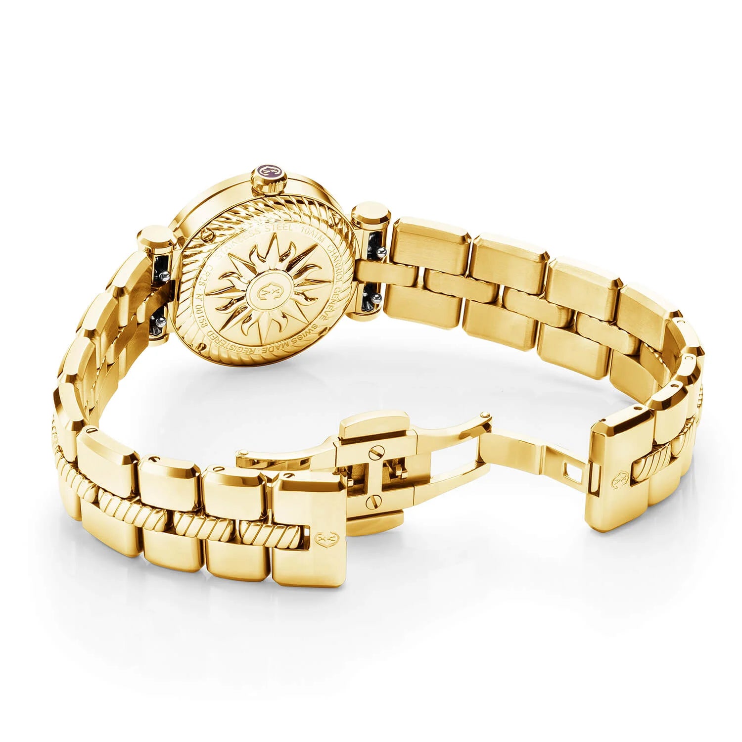 NAVIGATOR CRUISE, 28MM, QUARTZ CALIBRE, WHITE MOTHER-OF-PEARL WITH 12 ROMAN FIGURES DIAL, STEEL YELLOW GOLD PVD WITH 30 DIAMONDS WITH 6 SCREWS BEZEL, METAL YELLOW GOLD PVD INTERCHANGEABLE BRACELET - © 2024 Charriol -  Watch