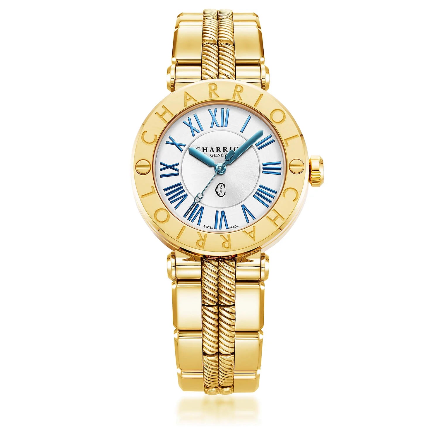 NAVIGATOR CRUISE, 36MM, QUARTZ CALIBRE, WHITE MOTHER-OF-PEARL WITH 12 ROMAN FIGURES DIAL, STEEL YELLOW GOLD PVD "CHARRIOL CHARRIOL" WITH 2 SCREWS BEZEL, METAL YELLOW GOLD PVD INTERCHANGEABLE BRACELET - © 2024 Charriol -  Watch