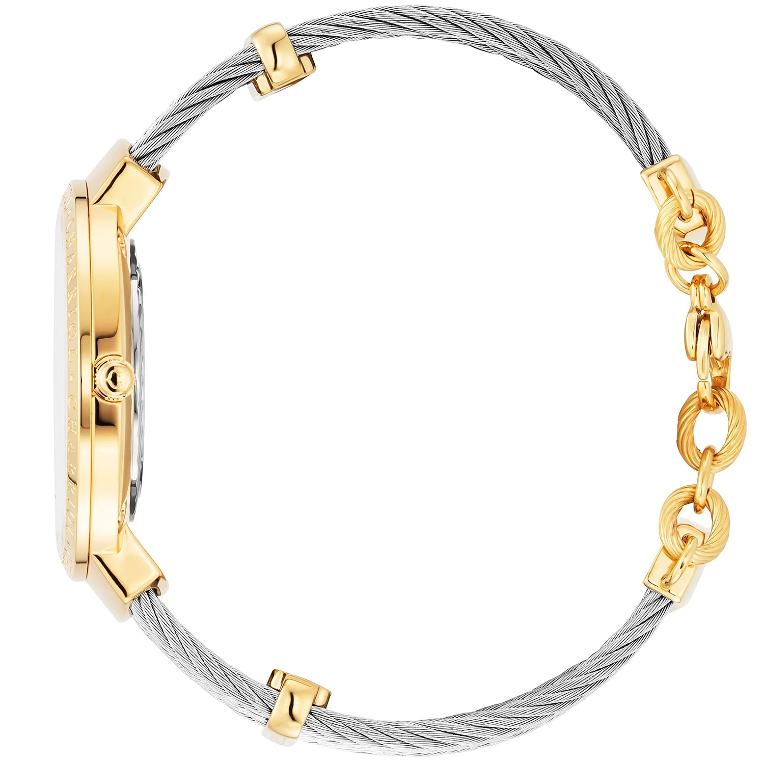 SLIM, 34MM, QUARTZ CALIBRE, WHITE MOTHER-OF-PEARL DIAL, STEEL YELLOW GOLD PVD "CHARRIOL CHARRIOL" BEZEL, STEEL CABLE BRACELET - ©2025 Philippe Charriol International Ltd. -  Watch