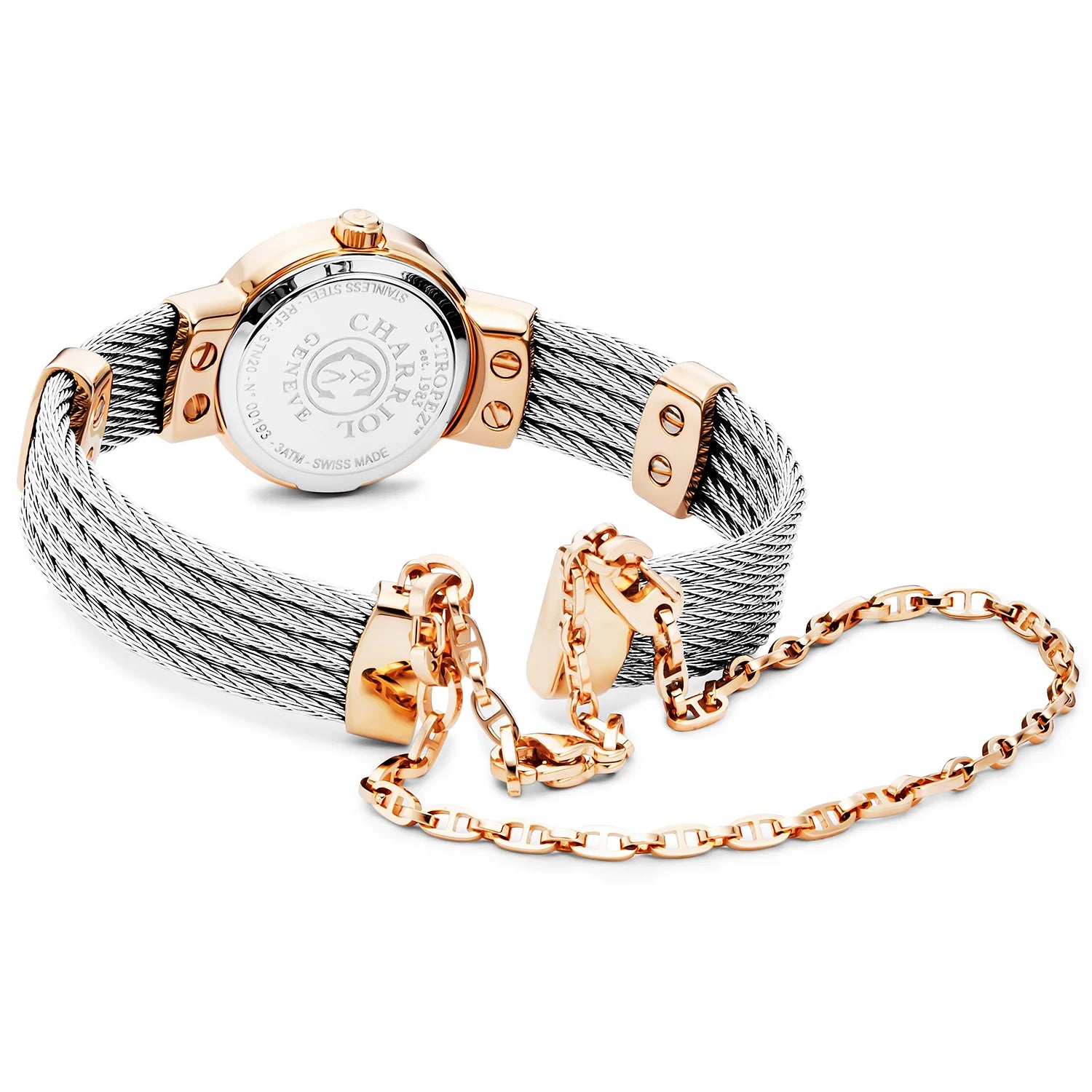 ST TROPEZ, 20MM, KUWARTS KALIBRE, INA-NG-PERLAS DIAL, BAKAL ROSAS GINTO PVD NA MAY 24 DIAMONDS BEZEL, BAKAL CABLE BRACELET - Charriol Geneve - Panoorin