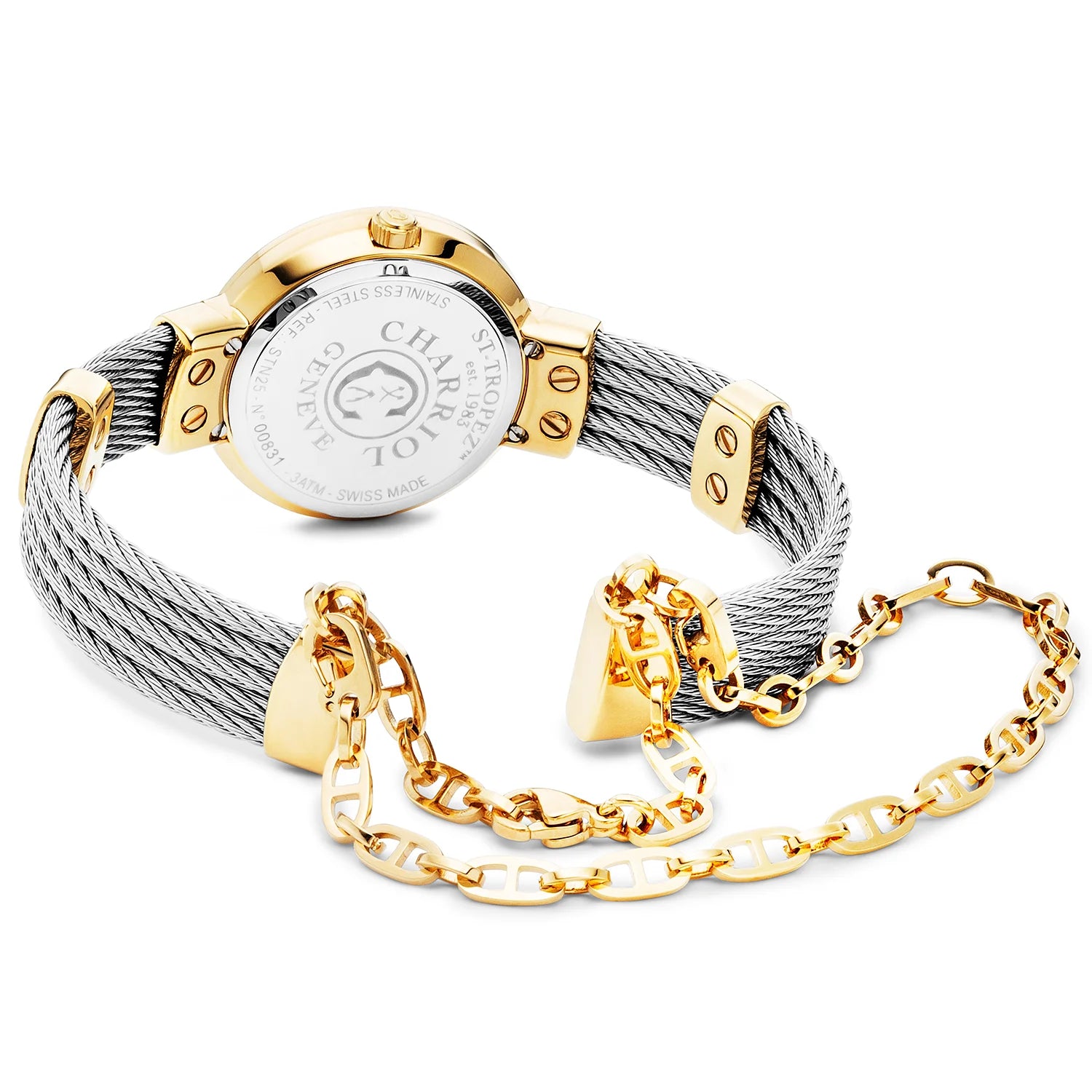 ST TROPEZ, 25MM, KUWARTS KALIBRE, INA-NG-PERLAS DIAL, DILAW NA GINTO PVD BEZEL, BAKAL CABLE BRACELET - Charriol Geneve - Panoorin