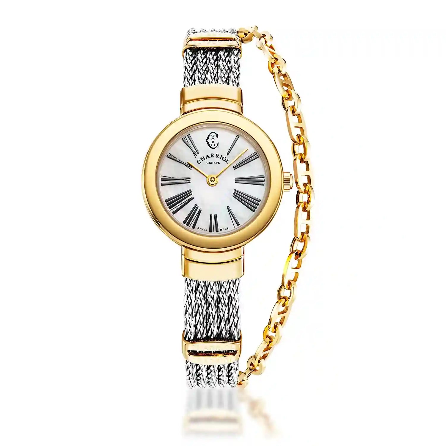 ST TROPEZ,® 25MM, KUWARTS KALIBRE, INA NG PERLAS DIAL, DILAW NA GINTO PVD BEZEL, BAKAL CABLE PULSERAS