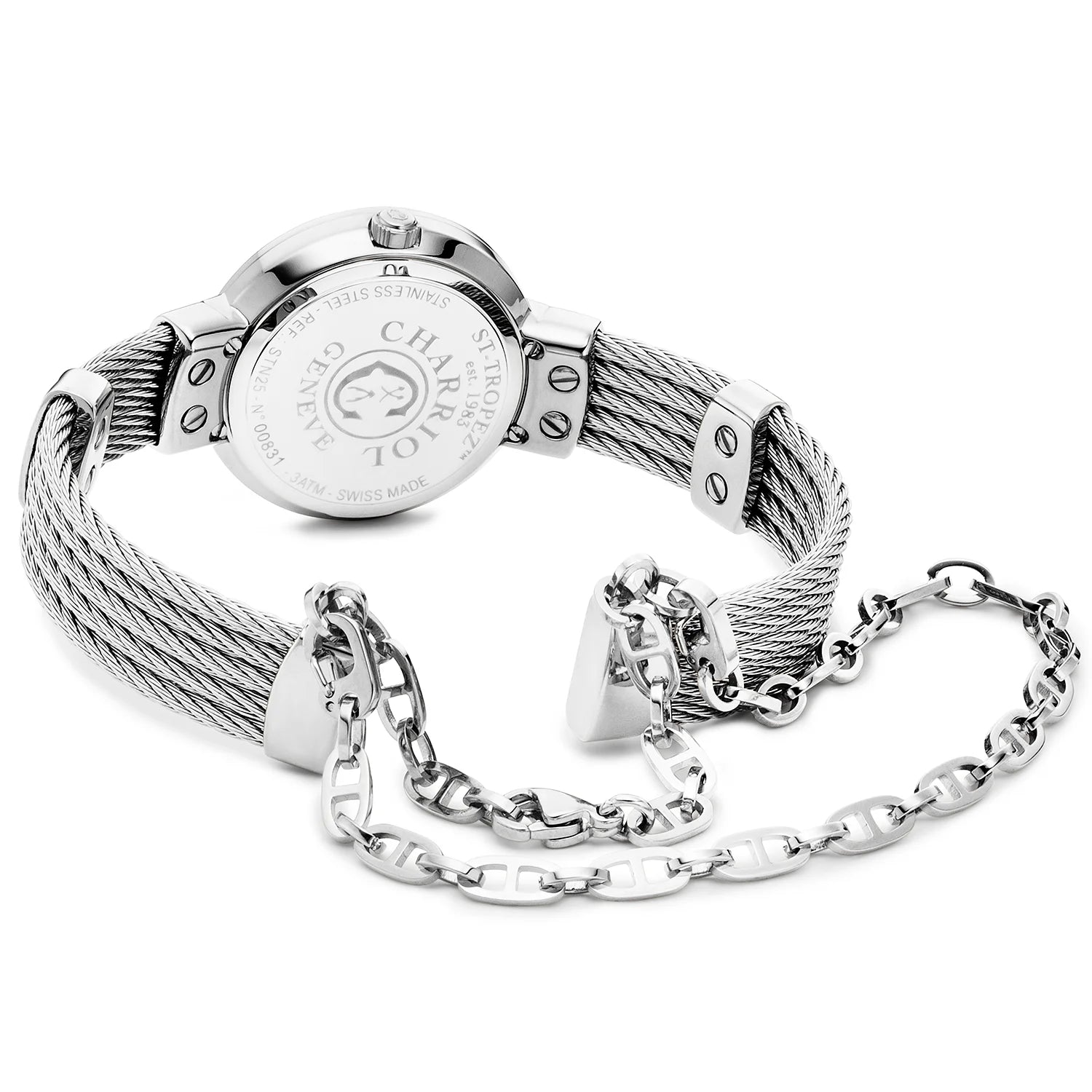 ST TROPEZ, 25MM, QUARTZ CALIBRE, WHITE MOTHER-OF-PEARL WITH LUMINESCENT "LOVE" DIAL, WHITE MOTHER-OF-PEARL WITH 8 DIAMONDS BEZEL, STEEL CABLE BRACELET - Charriol Geneve -  Watch