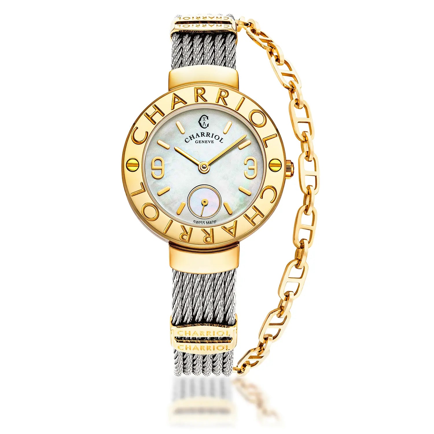 ST TROPEZ, 30MM, QUARTZ CALIBRE, INA NG PERLAS DIAL, "CHARRIOL CHARRIOL" BEZEL, STEEL CABLE BRACELET - Charriol Geneve - Panoorin