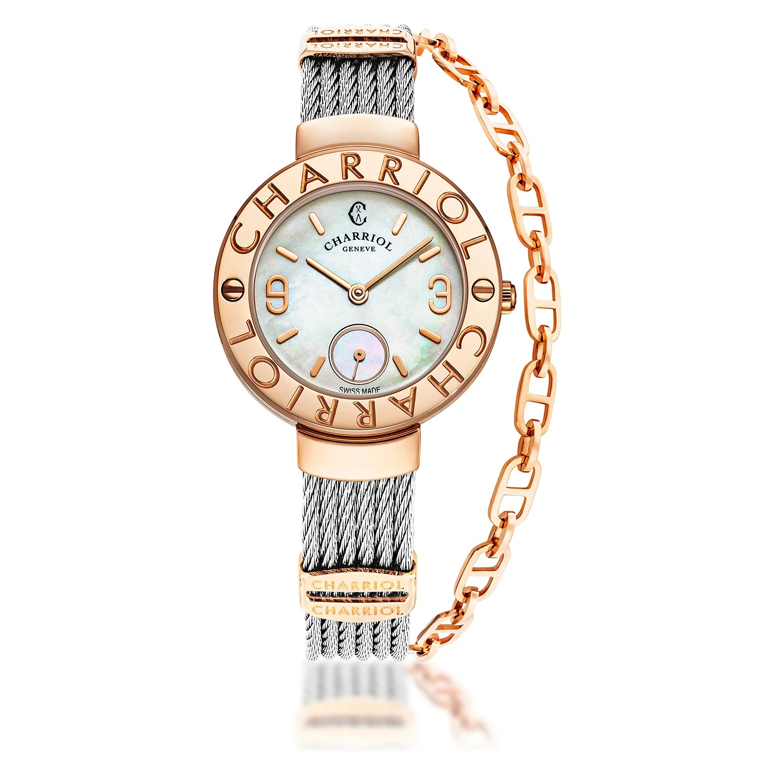 ST TROPEZ, 30MM, QUARTZ CALIBRE, INA NG PERLAS DIAL, "CHARRIOL CHARRIOL" BEZEL, STEEL CABLE BRACELET - Charriol Geneve - Panoorin