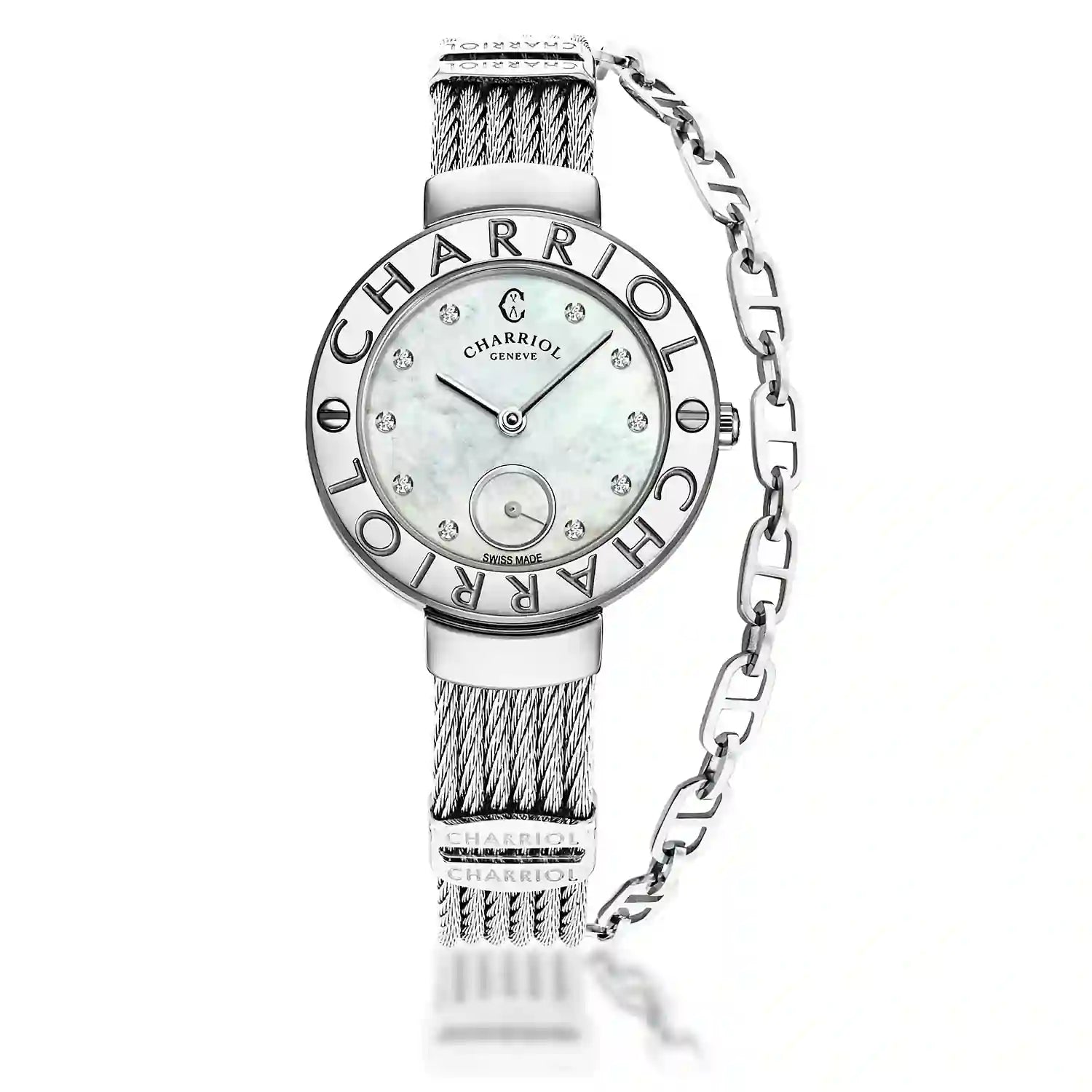 ST TROPEZ, 30MM, KUWARTS KALIBRE, INA NG PERLAS NA MAY 10 DIAMONDS DIAL, "CHARRIOL CHARRIOL" BEZEL, STEEL CABLE BRACELET