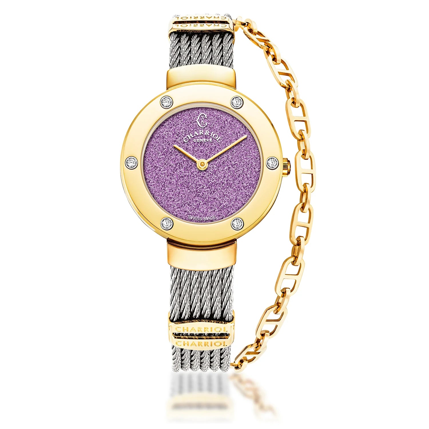 ST TROPEZ GLITTERS, 30MM, PURPLE GLITTER DIAL, YELLOW GOLD PVD WITH 6 DIAMONDS BEZEL, STEEL CABLE BRACELET - Charriol Geneve -  Watch