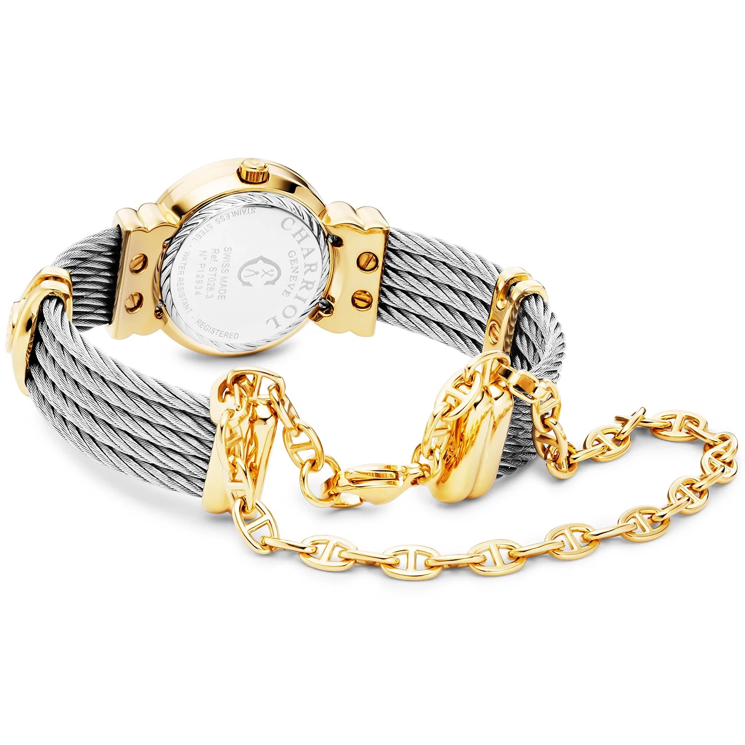 St Tropez Icon 24.5mm Panoorin ang Dilaw na Ginto, Steel Cable, Roman Number Bezel at 12 Diamonds Pink MOP Dial - Charriol Geneve - Panoorin