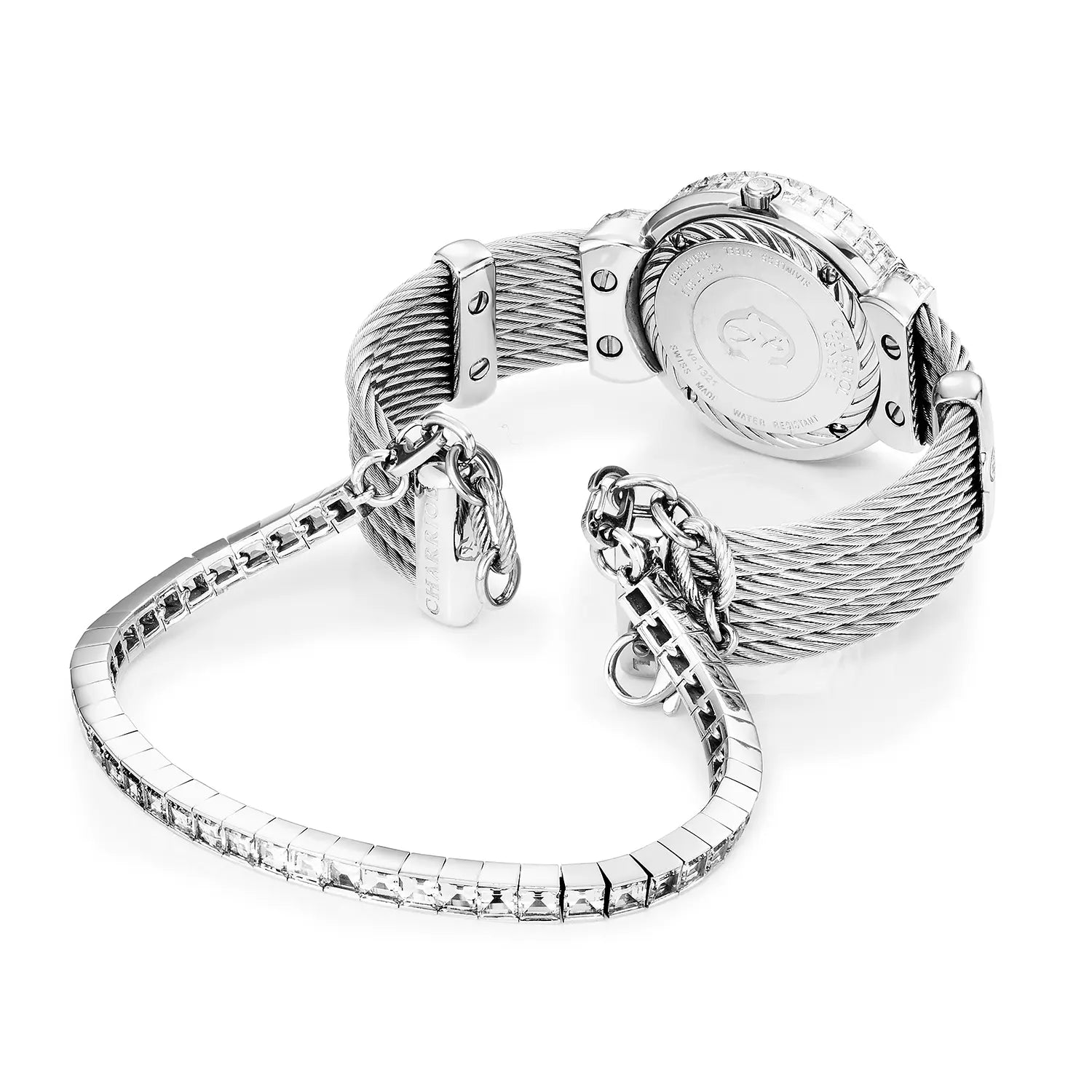 ST TROPEZ ICON, 30MM, KUWARTS KALIBRE, INA-NG-PERLAS NA MAY 11 DIAMONDS BAGETS, BUONG DIAMONDS BAGETS BEZEL, BAKAL CABLE NA MAY DIAMONDS BAGETS BRACELET - Charriol Geneve - Panoorin