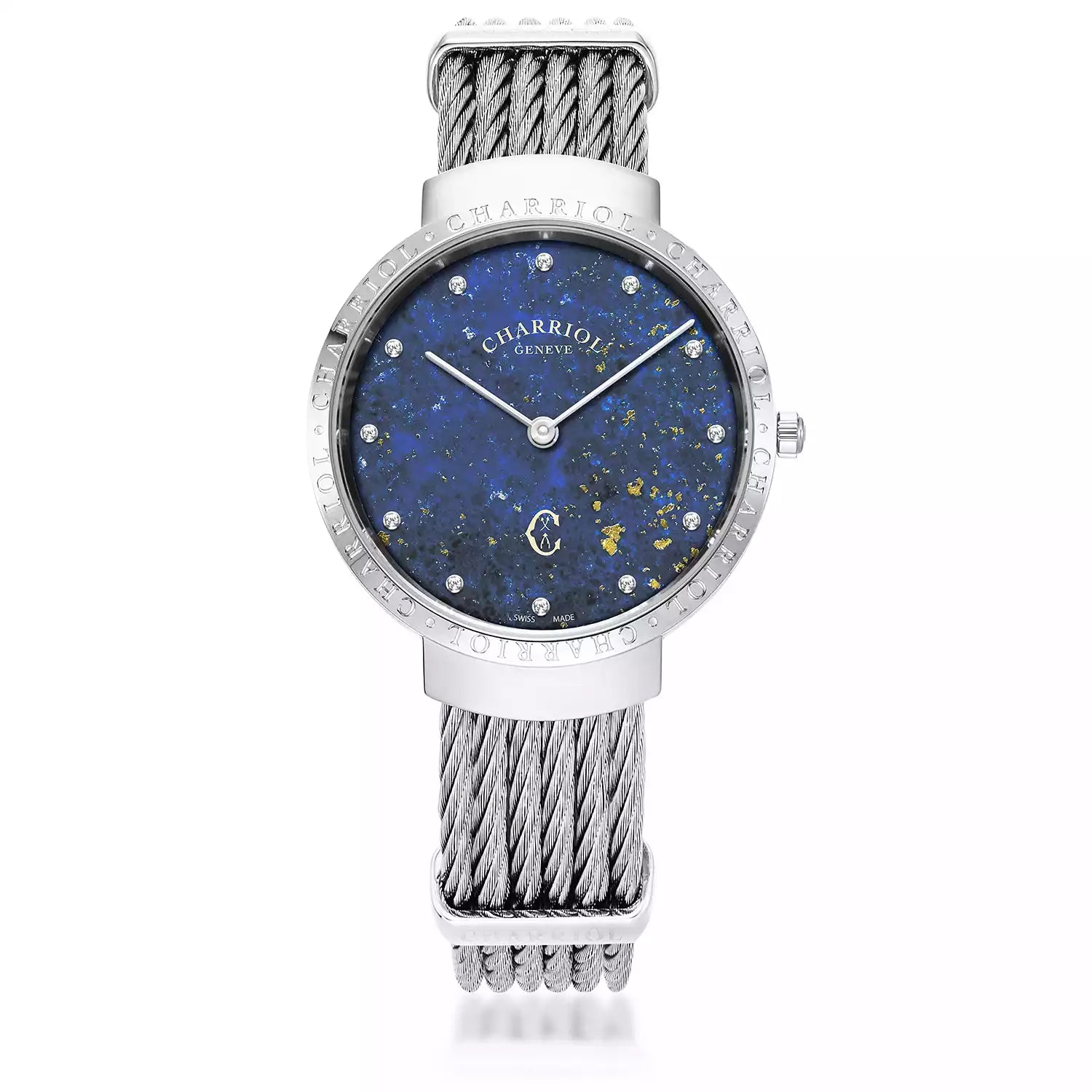 SLIM, 34MM, QUARTZ CALIBRE, LAPIS LAZULIS PRINTED DIAL, STEEL BEZEL, STEEL CABLE BRACELET - Charriol Geneve -  Watch