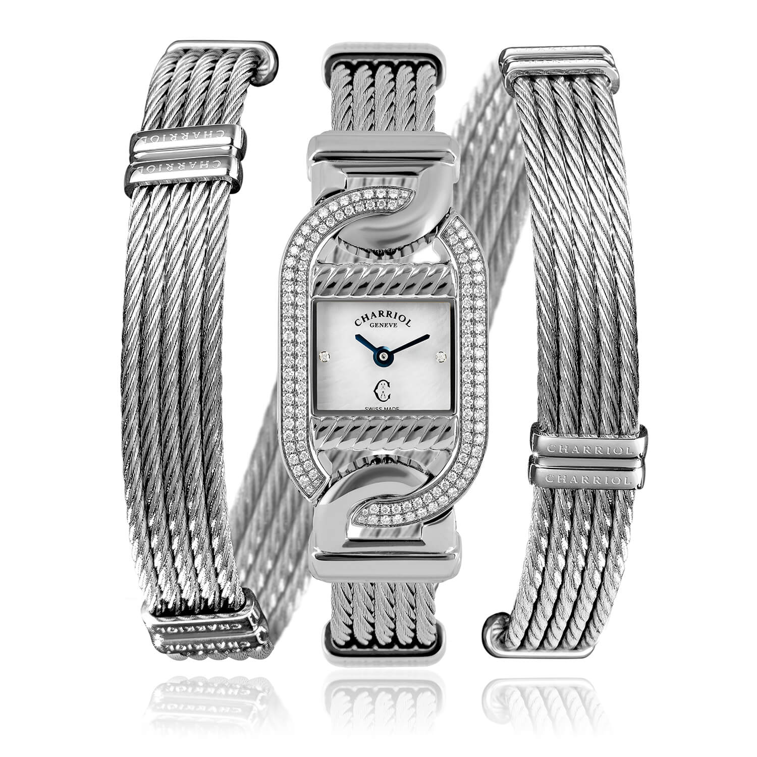 MARINER, 20MM, QUARTZ CALIBRE, STEEL WITH 128 DIAMONDS CASE, WHITE MOTHER-OF-PEARL WITH 2 DIAMONDS DIAL, STEEL TWISTED CABLE BRACELET