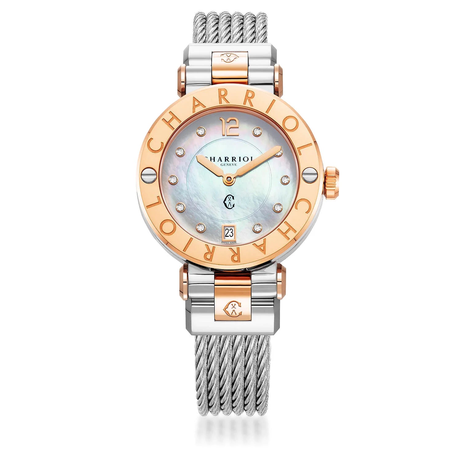 NAVIGATOR CRUISE, 36MM, QUARTZ CALIBRE, WHITE MOTHER-OF-PEARL WITH 10 DIAMONDS DIAL, STEEL ROSE GOLD PVD "CHARRIOL CHARRIOL" WITH 2 SCREWS BEZEL, STEEL INTERCHANGEABLE CABLE BRACELET WITH ROSE GOLD PVD ATTACHED - © 2024 Charriol -  Watch