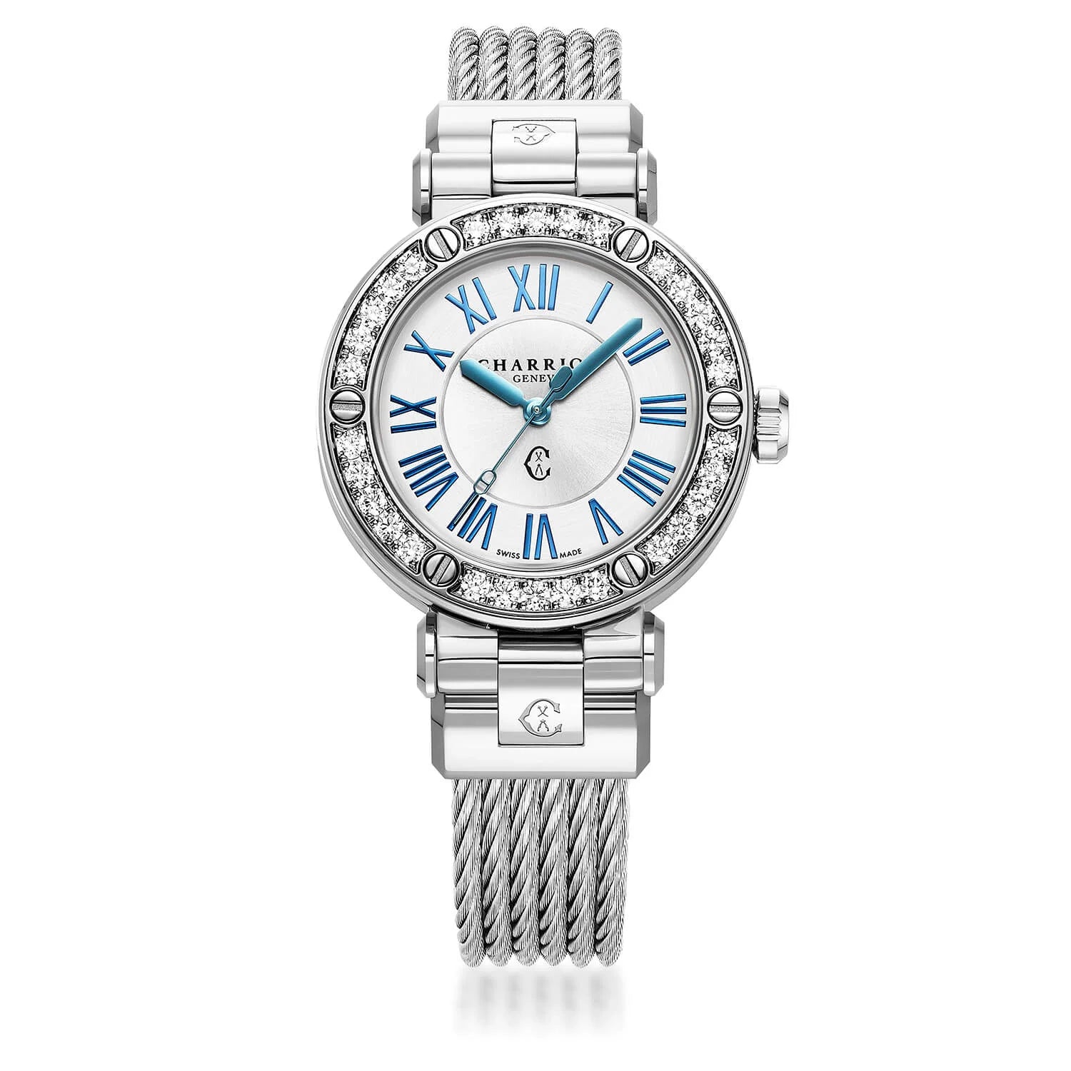 NAVIGATOR CRUISE, 36MM, QUARTZ CALIBRE, WHITE MOTHER-OF-PEARL AND MATT WHITE SUN CENTER WITH 12 ROMAN FIGURES DIAL, STEEL WITH 30 DIAMONDS BEZEL, STEEL INTERCHANGEABLE CABLE BRACELET - © 2024 Charriol -  Watch