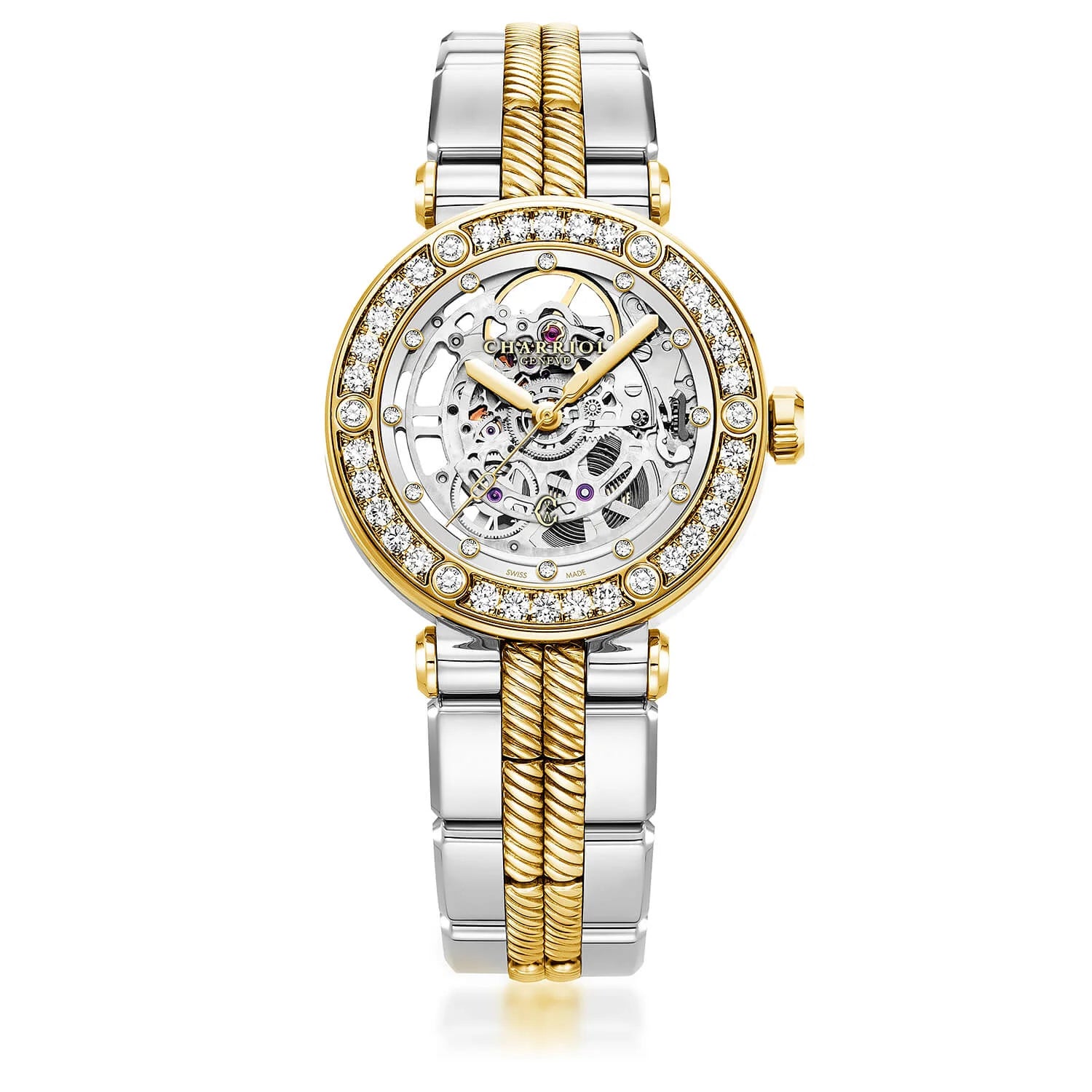 NAVIGATOR CRUISE, 36MM, CHARRIOL SKELETON AUTOMATIC CALIBRE, CRYSTAL WITH 12 DIAMONDS INDEX INNER RING DIAL, STEEL YELLOW GOLD PVD WITH 30 FULLCUTS DIAMONDS & 6 DIAMONDS BEZEL, METAL BICOLOR INTERCHANGEABLE BRACELET - © 2024 Charriol -  Watch