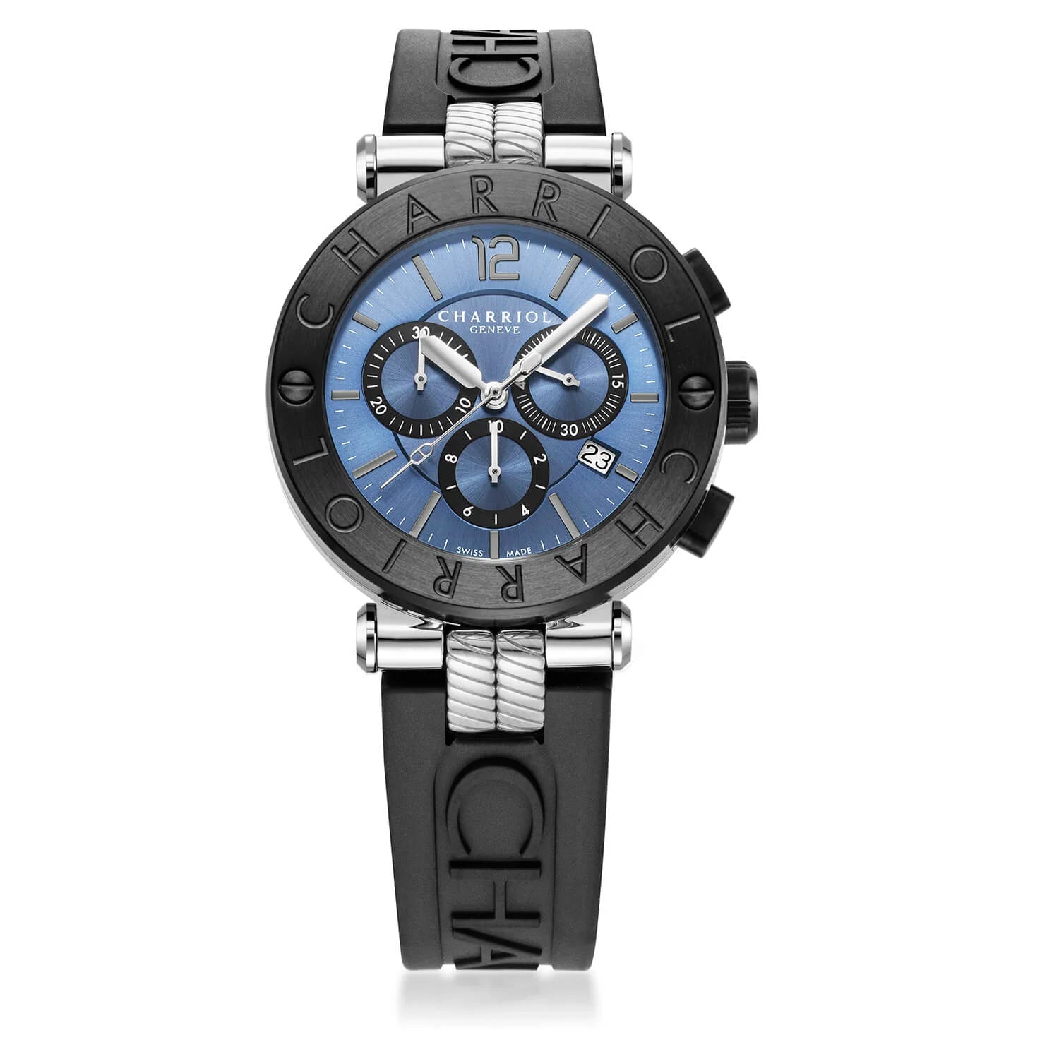 Navigator cruise chronograph quartz, blue and black dial, black case and black rubber bracelet. 41mm diameter watch