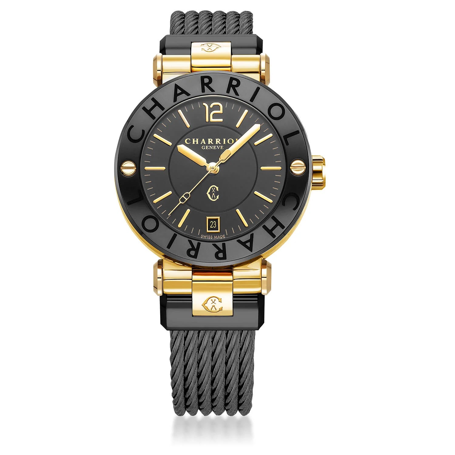 NAVIGATOR CRUISE, 41MM, QUARTZ CALIBRE, BLACK WITH 2 YELLOW ARABIC AND 9 INDEX, STEEL BLACK PVD "CHARRIOL CHARRIOL" WITH 2 SCREWS BEZEL, STEEL BLACK PVD INTERCHANGEABLE CABLE BRACELET WITH YELLOW GOLD ATTACHED - © 2024 Charriol -  Watch