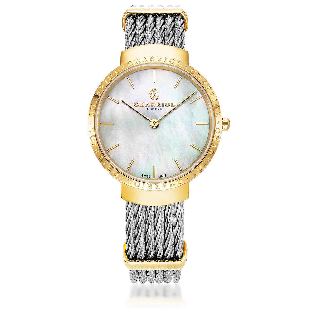 SLIM, 34MM, KUWARTS KALIBRE, PUTING INA NG PERLAS DIAL, BAKAL DILAW NA GINTO PVD "CHARRIOL CHARRIOL" BEZEL, STEEL CABLE BRACELET