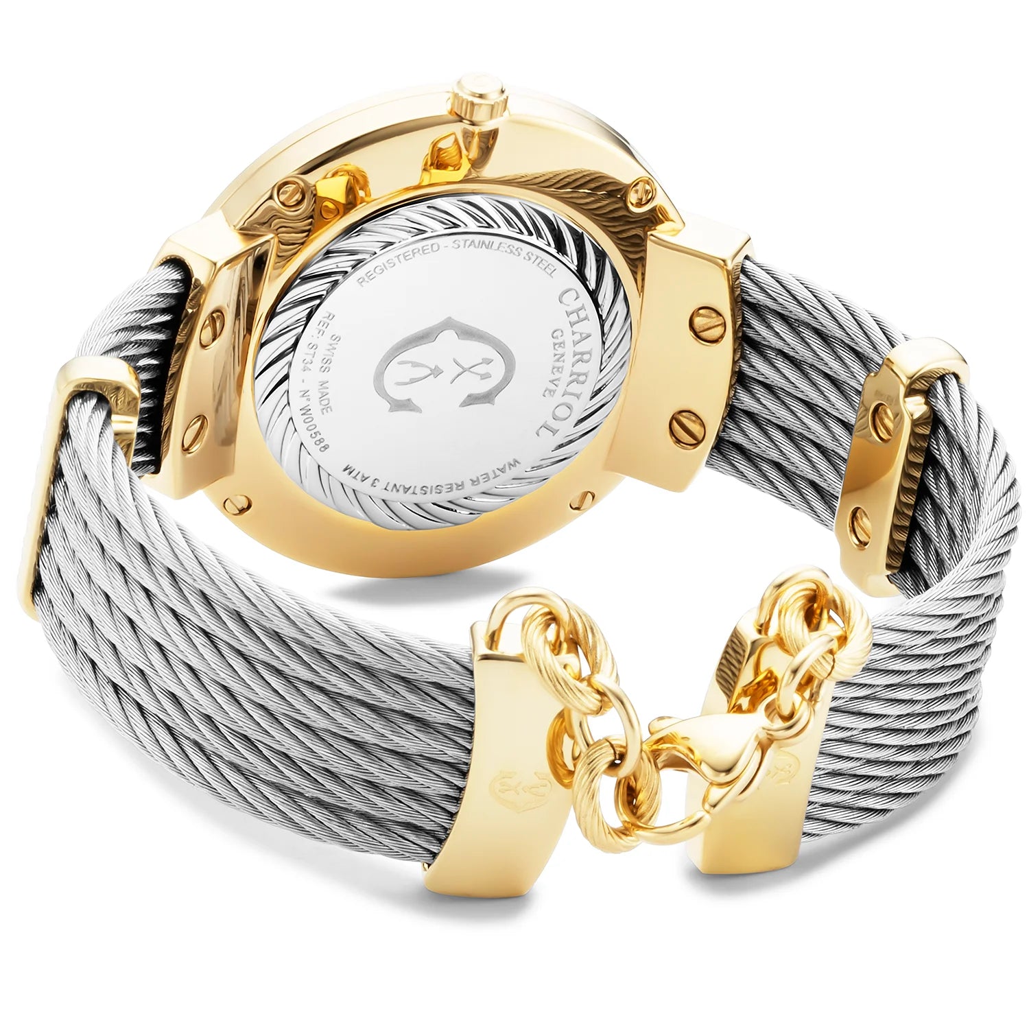 SLIM, 34MM, QUARTZ CALIBRE, WHITE MOTHER-OF-PEARL DIAL, STEEL YELLOW GOLD PVD "CHARRIOL CHARRIOL" BEZEL, STEEL CABLE BRACELET - ©2025 Philippe Charriol International Ltd. -  Watch