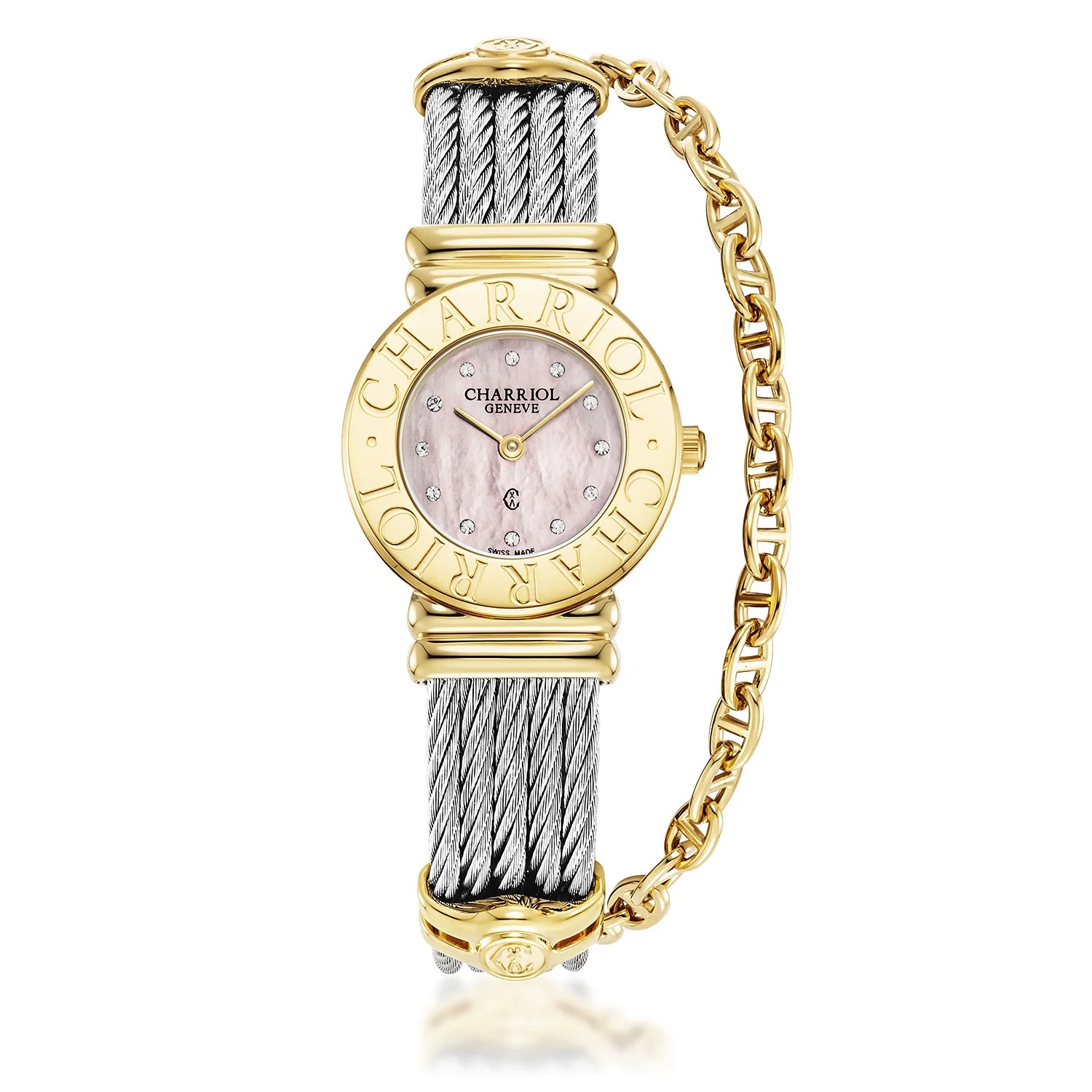 St Tropez Icon 24.5mm Panoorin ang Dilaw na Ginto PVD, Steel Cable, Charriol Bezel at 12 Diamonds Pink MOP Dial - Charriol Geneve - Panoorin