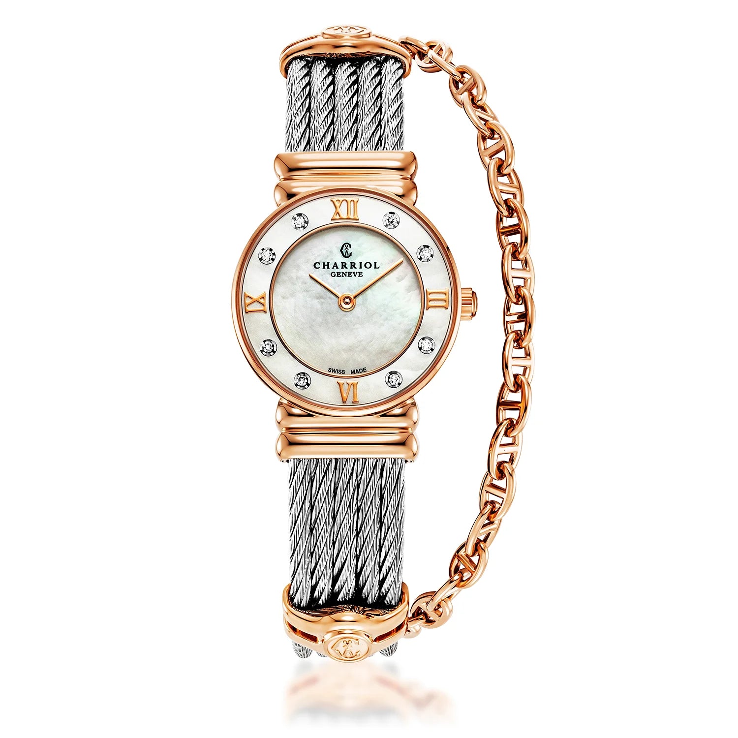 St Tropez Icon 24.5mm Panoorin ang Rose Gold PVD, Steel Cable, 8 Diamonds Bezel at White MOP dial - Charriol Geneve - Panoorin