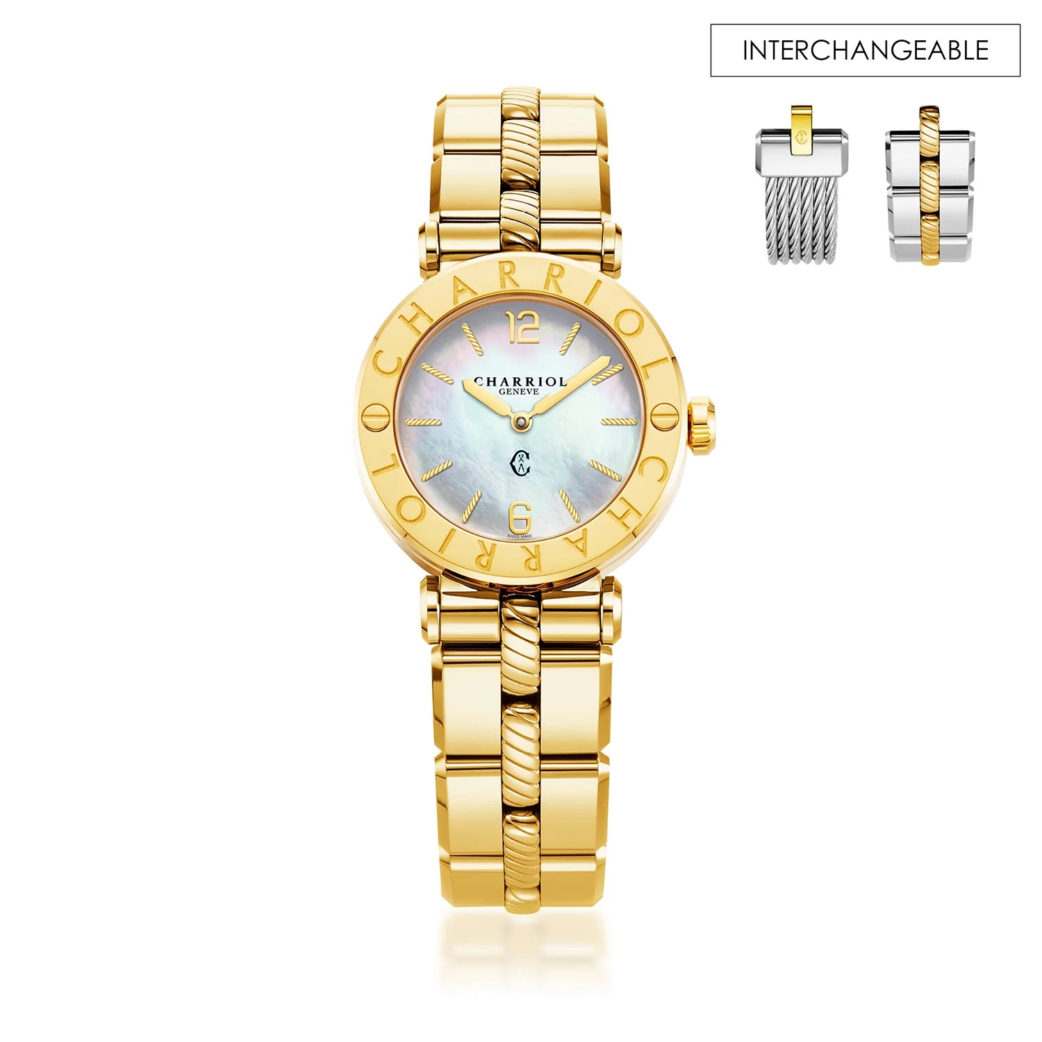 St Tropez Cruise Panoorin ang White at Yellow GoldSt Tropez Cruise 28mm Panoorin ang Yellow Gold Bracelet, Yellow Gold & 2 Screws Bezel at White MOP Dial - Charriol Geneve - Panoorin