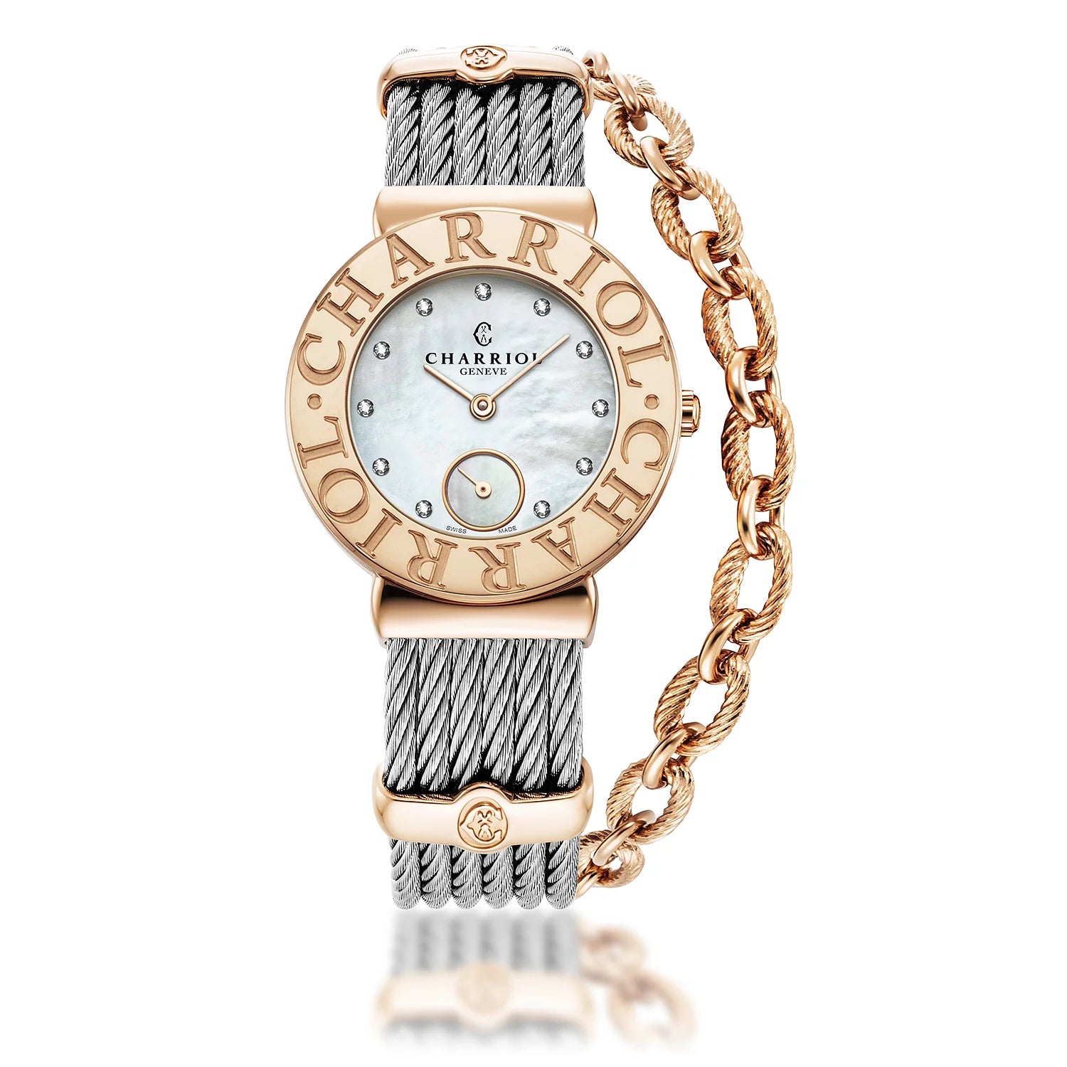 ST TROPEZ ICON, 30MM, KUWARTS KALIBRE, INA NG PERLAS NA MAY 11 DIAMONDS, "CHARRIOL CHARRIOL" BEZEL, STEEL CABLE BRACELET - Charriol Geneve - Panoorin