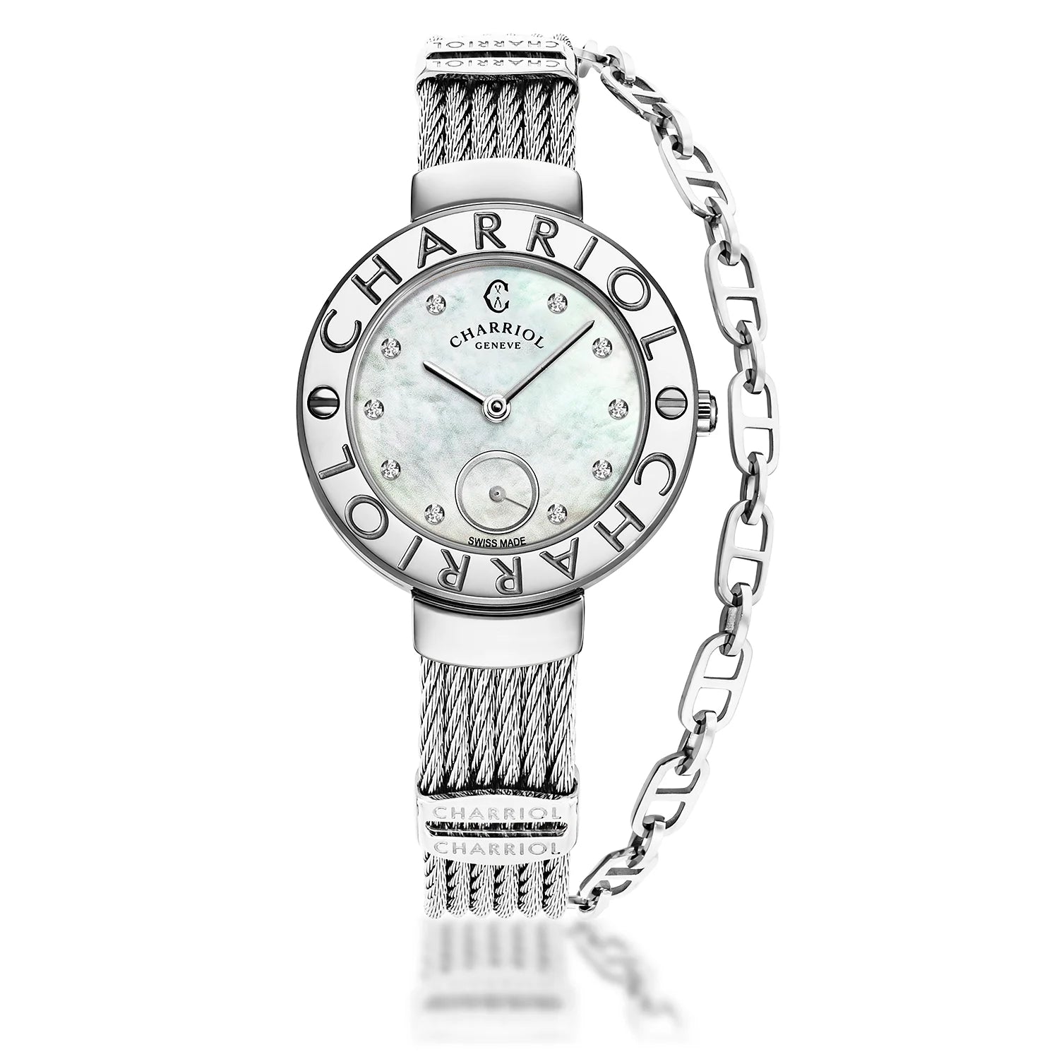 ST TROPEZ, 30MM, KUWARTS KALIBRE, INA NG PERLAS NA MAY 10 DIAMONDS DIAL, "CHARRIOL CHARRIOL" BEZEL, STEEL CABLE BRACELET - Charriol Geneve - Panoorin