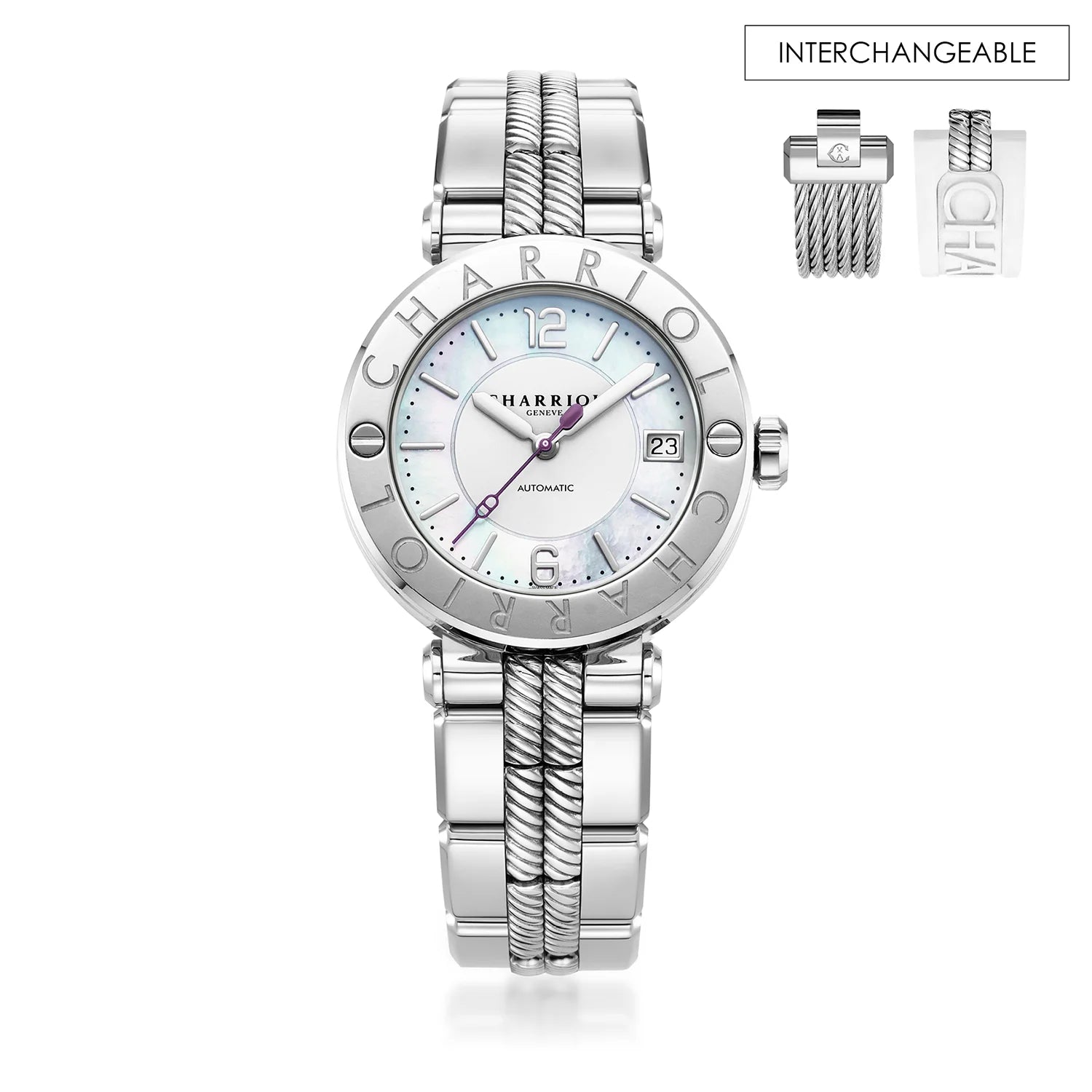 St Tropez Cruise 36mm Awtomatikong Panoorin ang Light Grey Bracelet, Light Grey & 2 Screws Bezel at White MOP Dial - Charriol Geneve - Panoorin